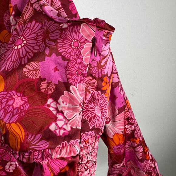 WAYF Loral Print Ruched Plunge Neck Satin Blouse Pink Berry Floral Long Sleeve - Picture 13 of 13